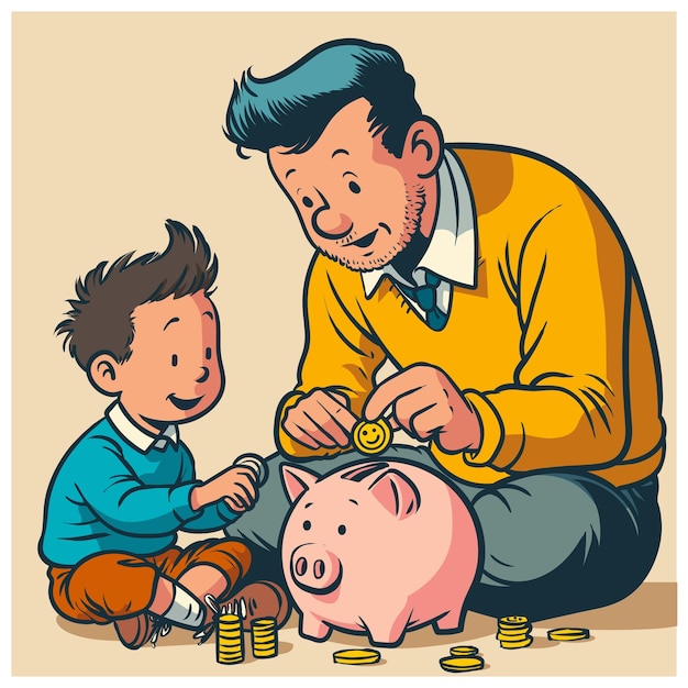 Vettore padre e figlio e piggy bank