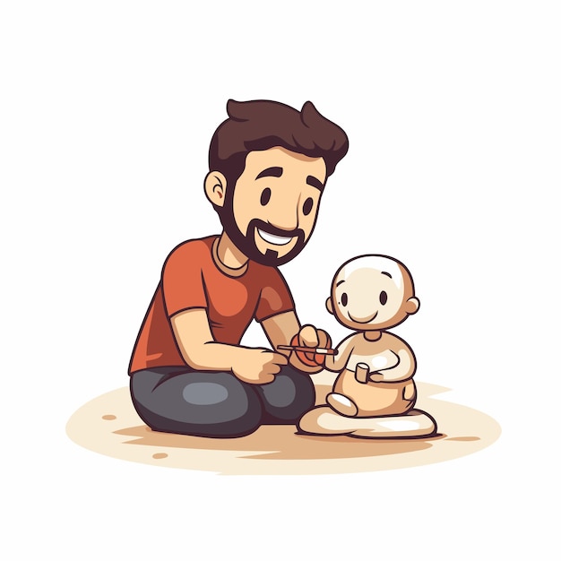 父と息子が犬と遊んでいる漫画スタイルのベクトルイラスト