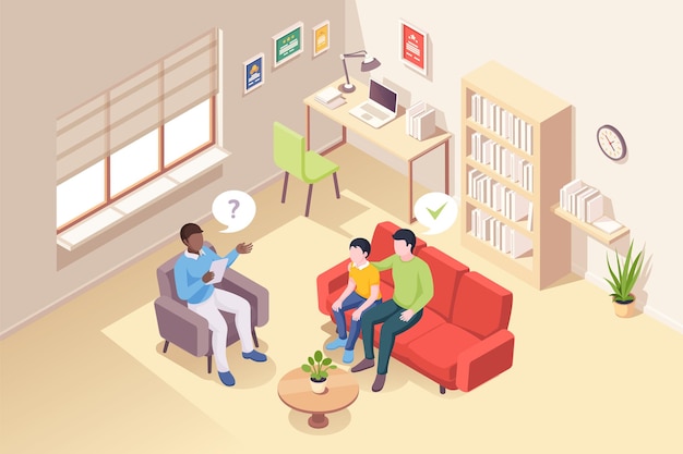 father and son at psychologist counseling vector isometric design people at psychologist counselor