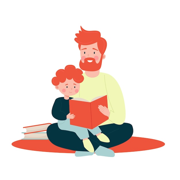 Father and son reading a book together Vector illustration