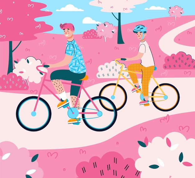 Father and son riding bicycles - cartoon illustration