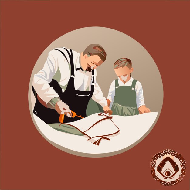 Vector father and son sewing with sewing machine logo vector illustration