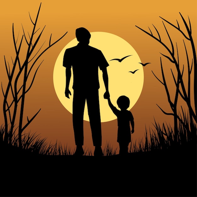日没で歩くシルエットの父と息子