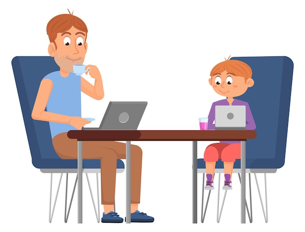 Padre e figlio si siedono a tavola con i laptop dipendenza da gadget di famiglia