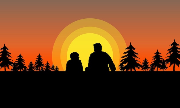 Father and son sit at sunset time flat design