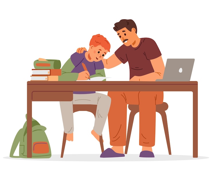 Vector father and son studying at home at desk