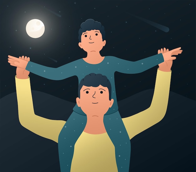 Father and son vector illustration of a happy father with his son sitting on his shoulders and watching the night starry sky and starfall stargazing concept