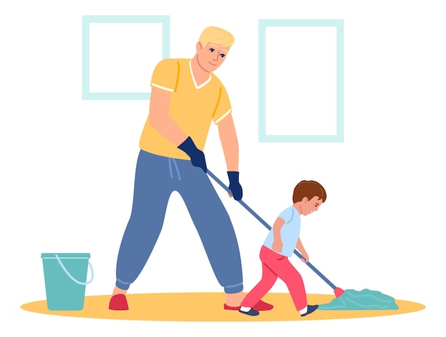 Father and son washing floor together spring cleaning concept