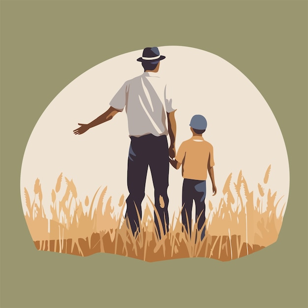 father and son in wheat field