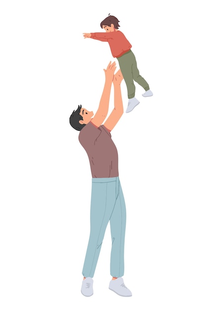 Vector father throwing his son man throws little boy up and catching him parent playing with kid