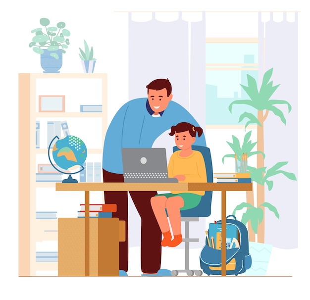 Vector father or tutor teaching girl at home