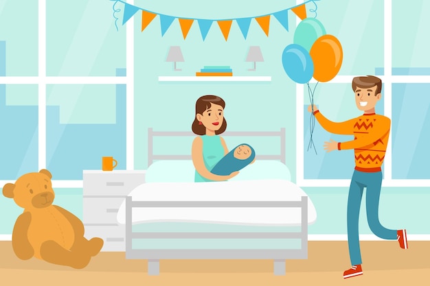 Vector father visiting newborn baby with colorful balloons woman lying on bed and holding newborn baby