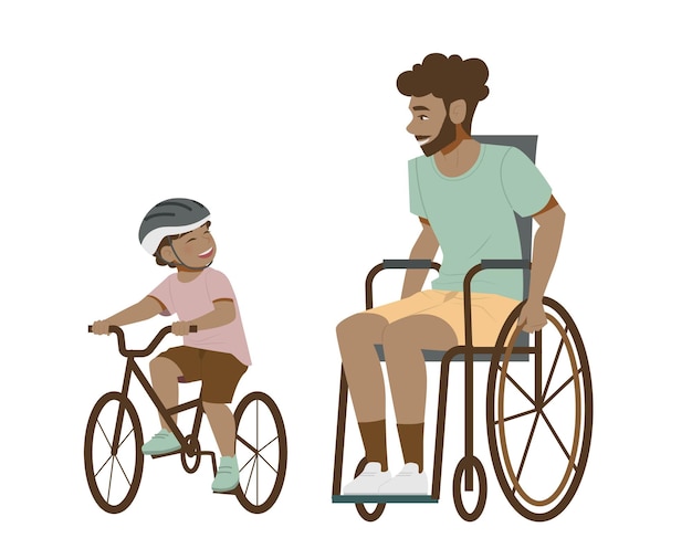 Father walking in a wheelchair and son cycling flat  illustration