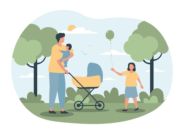 Vector father walking with children concept man holds baby in his arms shakes stroller and plays with his