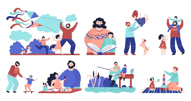 Vector father with children. man play child, dad and son fishing reading hugging and sporting. happy fatherhood, outdoor kid recreation vector set. illustration fatherhood, family together past time