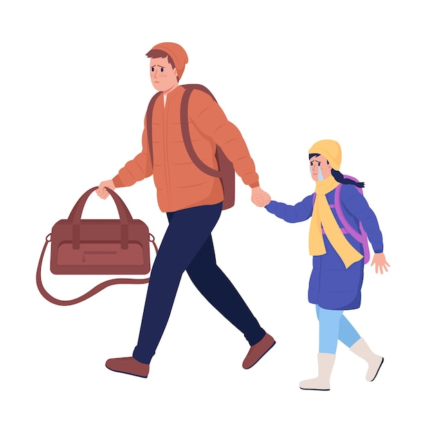 Father with daughter running away from war semi flat color vector characters