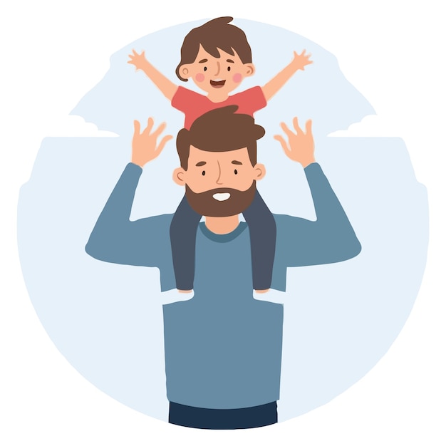 Vector father with his son on his shoulders vector illustration in cartoon style