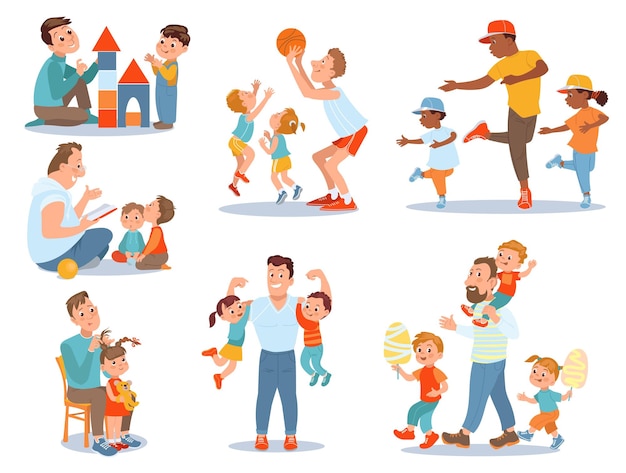 Vector father with kids dad daughter and son spend time together little boy and girl with parent joint weekends man playing walking and reading with children vector happy families leisure scenes set