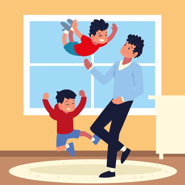 Vector father with kids having fun at home