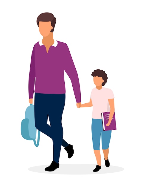 Father with schoolboy flat illustration. older and younger brothers going to school holding hands cartoon characters.