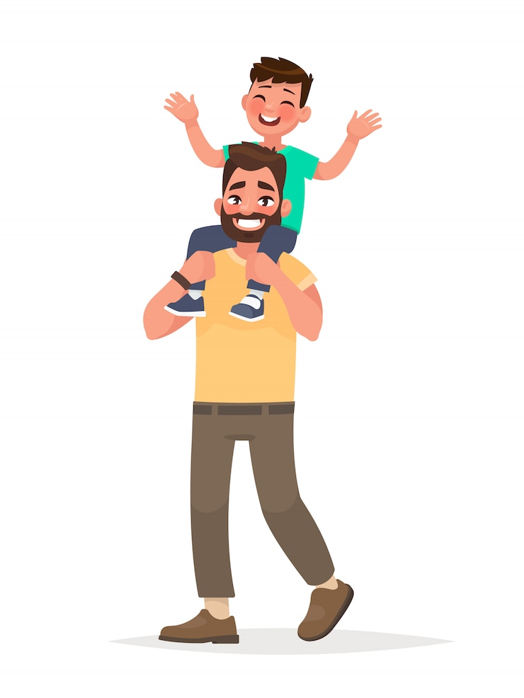 Vector father with son on shoulders on isolated background. vector illustration in cartoon style