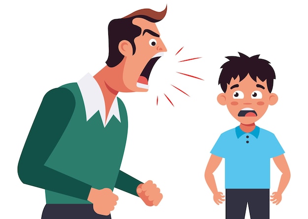 The father yells at the child angry man and frightened man