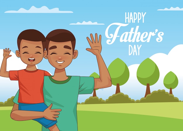 Vector fathers day card with afro dad carrying son in landscape