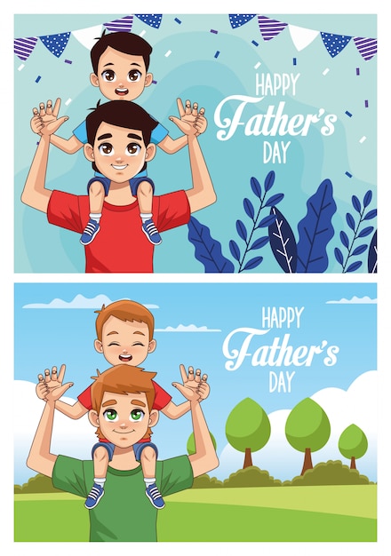 Fathers day card with daddies carrying sons characters