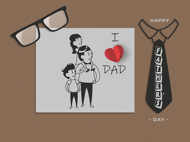 fathers day composition with drawing of father with daughter and son decorative glasses
