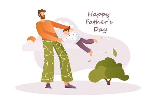 Fathers day concept with people scene in the flat cartoon style Dad having fun with his daughter