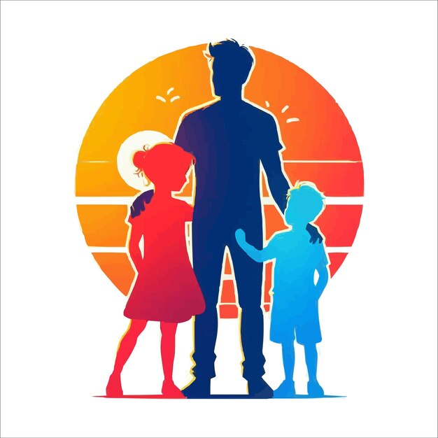 Il giorno dei padri, papà e figli, silhouette, illustrazione vettoriale piatta.