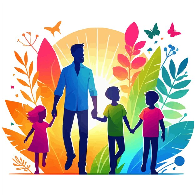 Fathers day dad and children silhouette flat vector illustration