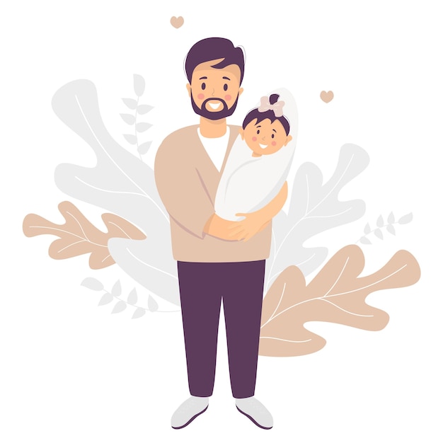 Vector fathers day happy father smiling man with newborn baby girl daughter in his arms