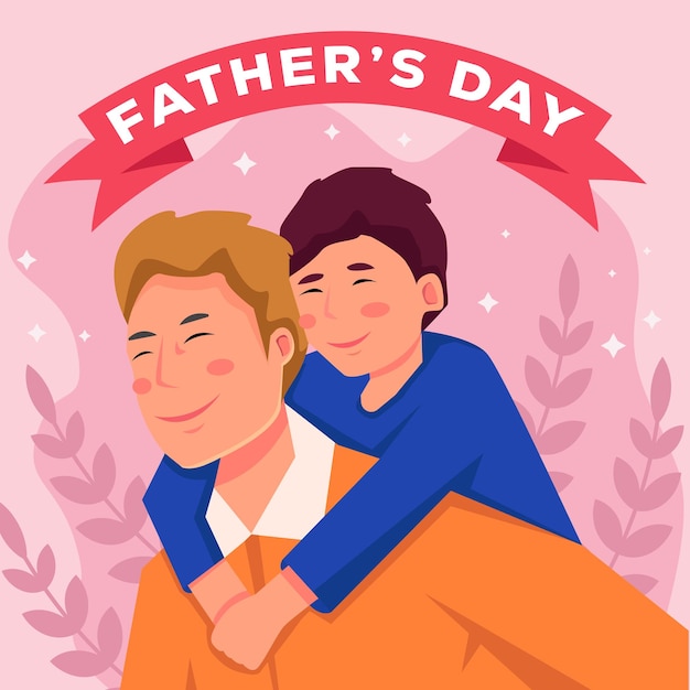 Fathers day illustration greeting card with father carrying the\
son
