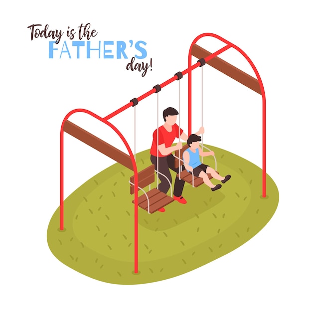 Fathers day illustration with dad rocking his son on swing