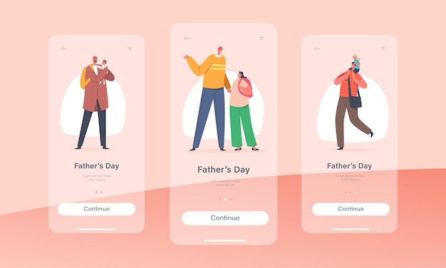 아버지의 날 모바일 앱 페이지 온보드 화면 템플릿 어린이 가족 캐릭터와 함께 행복 한 아빠 아빠 아들 또는 딸이 함께 시간을 보내고 재미있는 놀이 개념 만화 사람들 벡터 일러스트 레이 션
