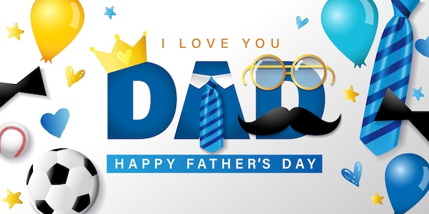 Vettore modello poster per la festa del papà con occhiali da cravatta e pallone da calcio illustrazione vettoriale con testo