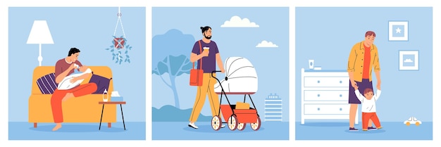 Vector fathers spending time with baby flat compositions set with young dads feeding and walking with little kids isolated vector illustration