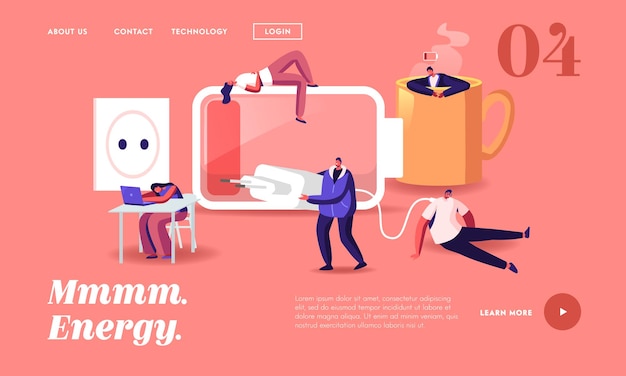 Fatigue, Low Energy and Working Burnout Landing Page Template. Tiny Exhausted Business People Characters Sleep and Relax at Huge Coffee Cup, Charger, Low Battery Power. Cartoon Vector Illustration