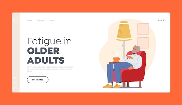 Fatigue in older adults landing page template grandpa character sleep on armchair tired elderly lonely man