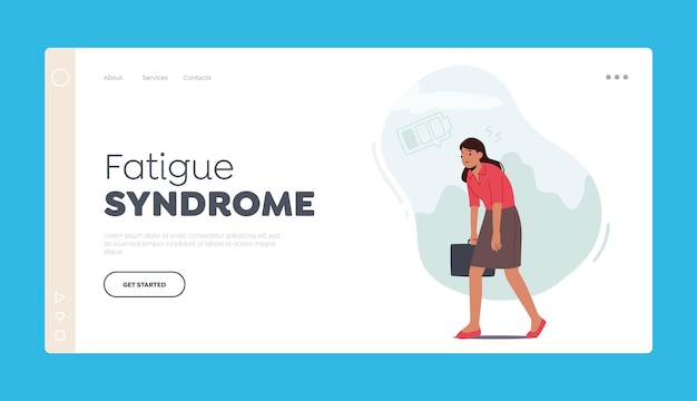 Fatigue Syndrome Landing Page Template Sleepy Woman Walking at Work Tired or Haggard Businesswoman with Low Battery