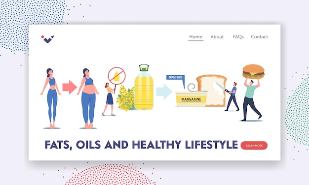 Vector fats, oils and healthy lifestyle landing page template. tiny characters eating trans margarine, fastfood, rapeseed oil, toast with spread, unhealthy eating, obesity. cartoon people vector illustration