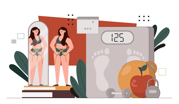 Vector fatty woman with weights concept plump young girl with measurement tape near mirror healthy eating