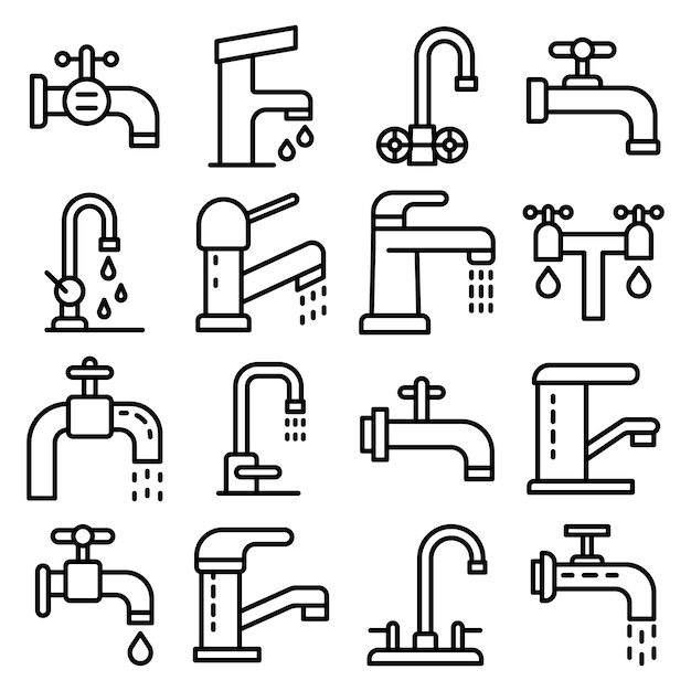 Vector faucet icons set, outline style