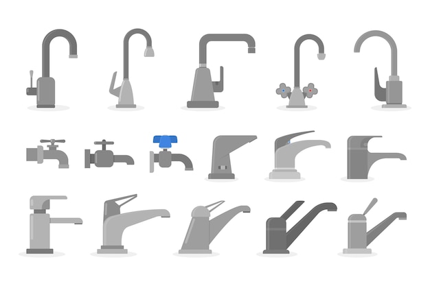 Vector faucet ison set. collection of kitchen and bathroom tap. water tool.   illustration in  style