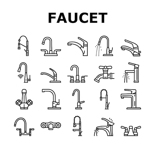 Faucet water sink tap bathroom icons set vector