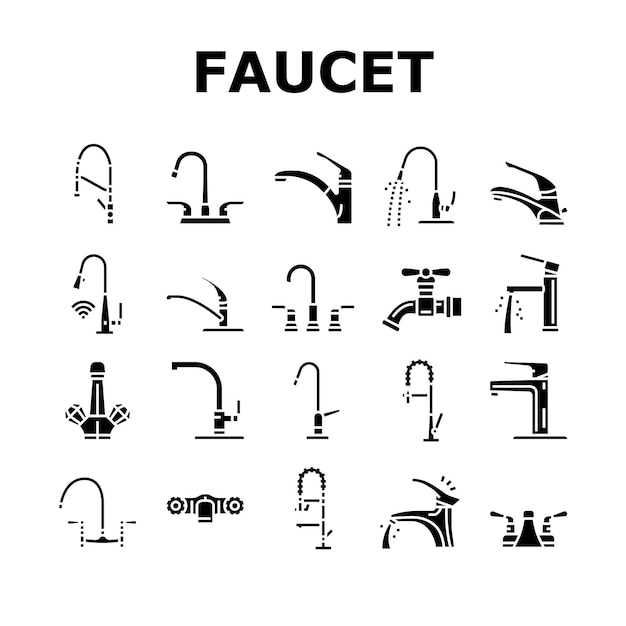 Vector faucet water sink tap bathroom icons set vector