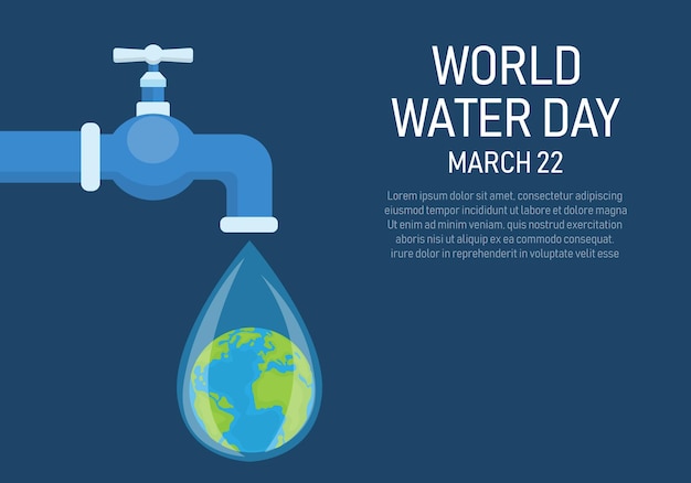 Faucet with earth in water drop world water day poster campaign to save sea ecology and environment.