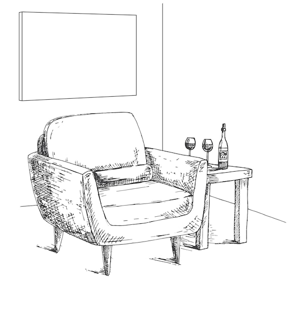 Fauteuil salontafel met een glas en een fles frame aan de muur voor het passen van uw informatie handgetekende vectorillustratie van een schetsstijl