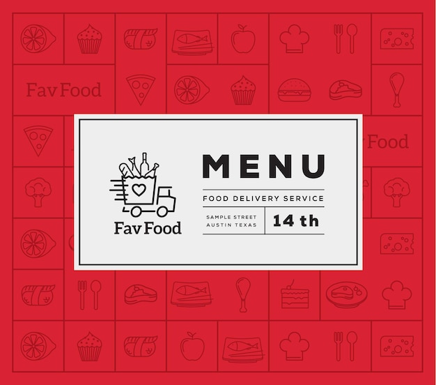 Favoriete voedselbezorging abstract vector logo en menudekking met lijnstijlpictogrampatroon goed voor restaurant of fastfood enz